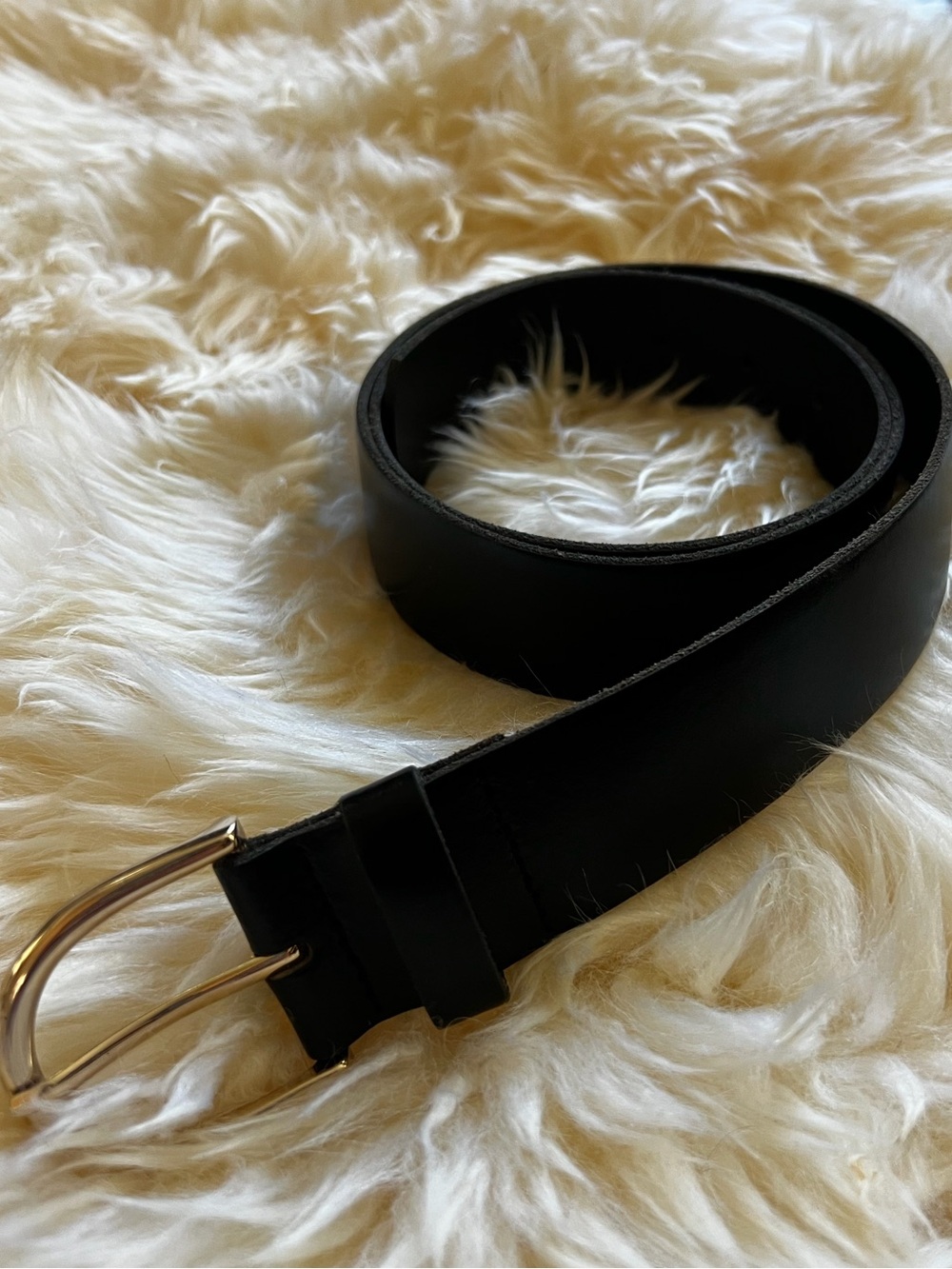 Ann Taylor Vintage Black Leather Belt Gold Horseshoe Buckle Large made in USA